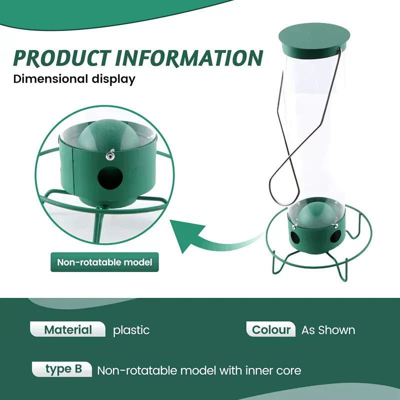 "Heavy-duty squirrel-proof bird feeder with metal weather-resistant design and rotating perch in garden setting."