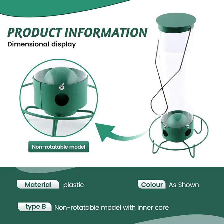 "Heavy-duty squirrel-proof bird feeder with metal weather-resistant design and rotating perch in garden setting."