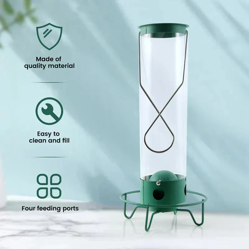 "Heavy-duty squirrel-proof bird feeder with metal weather-resistant design and rotating perch in garden setting."