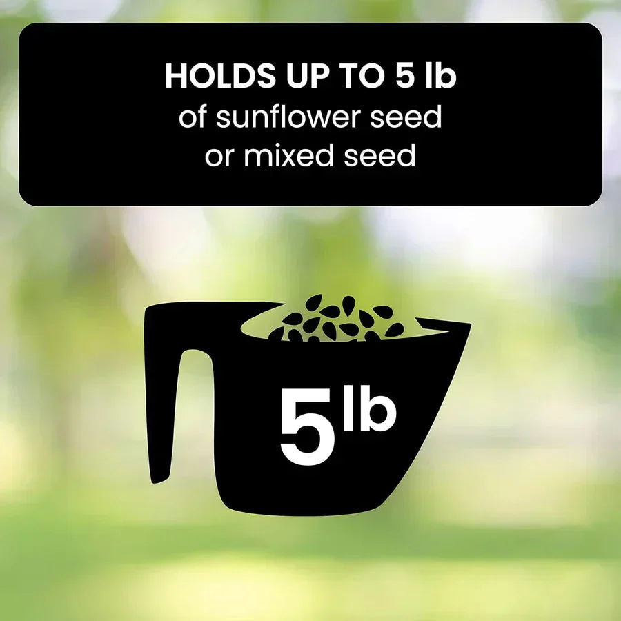 "Heavy-duty squirrel-proof bird feeder with metal weather-resistant design and rotating perch in garden setting."