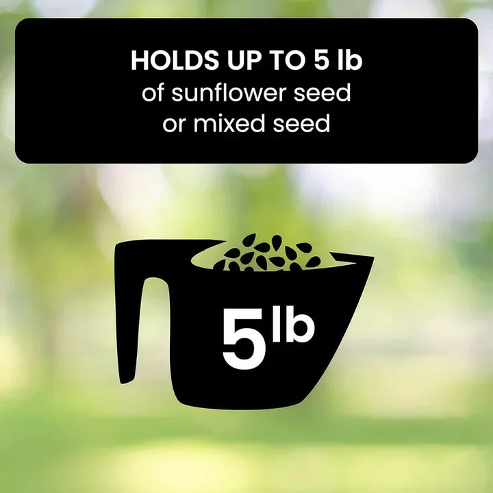 "Heavy-duty squirrel-proof bird feeder with metal weather-resistant design and rotating perch in garden setting."