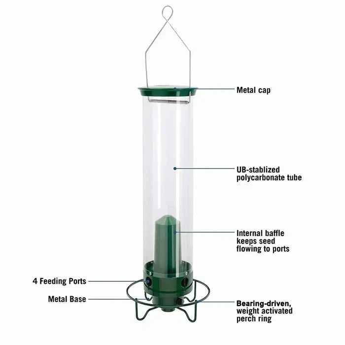 "Heavy-duty squirrel-proof bird feeder with metal weather-resistant design and rotating perch in garden setting."