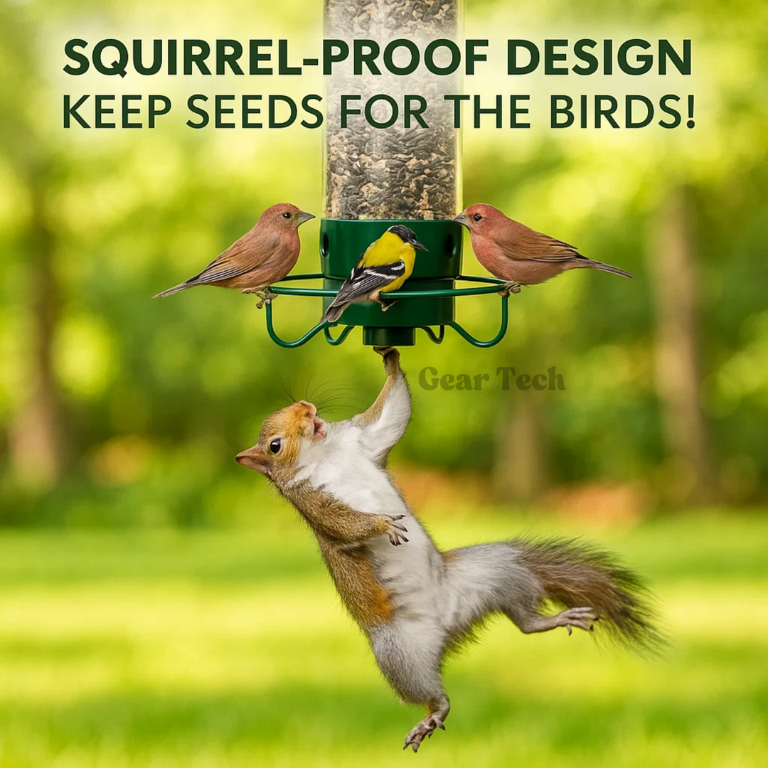 "Heavy-duty squirrel-proof bird feeder with metal weather-resistant design and rotating perch in garden setting."