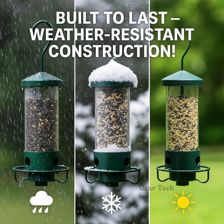 "Heavy-duty squirrel-proof bird feeder with metal weather-resistant design and rotating perch in garden setting."