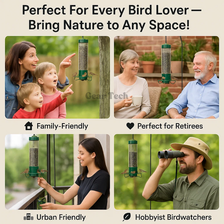 "Heavy-duty squirrel-proof bird feeder with metal weather-resistant design and rotating perch in garden setting."