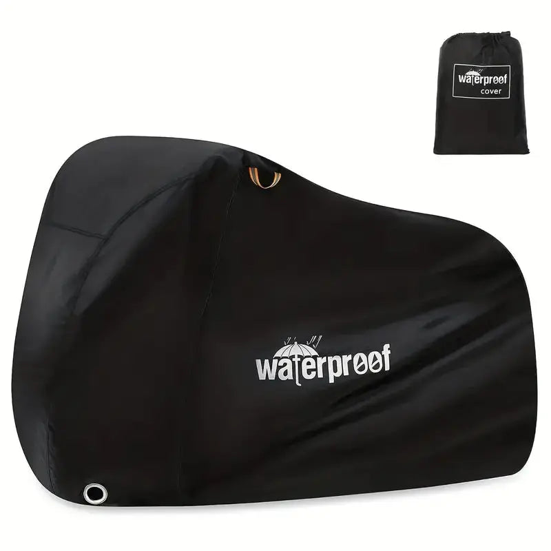 "Heavy-duty waterproof bicycle cover, black and gray, protecting bikes from weather with adjustable straps for secure fit."