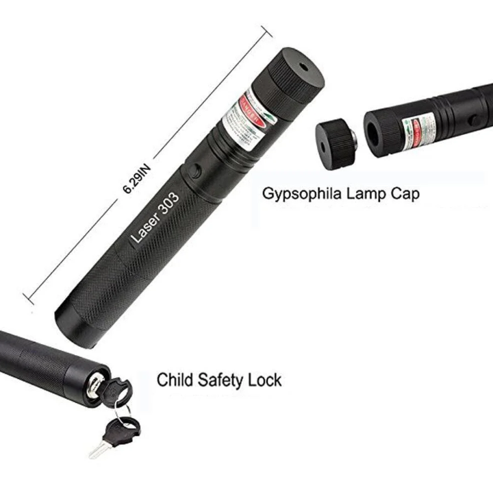 "High-intensity portable laser pointer with bright green beam, ideal for presentations and outdoor use. Compact and durable."