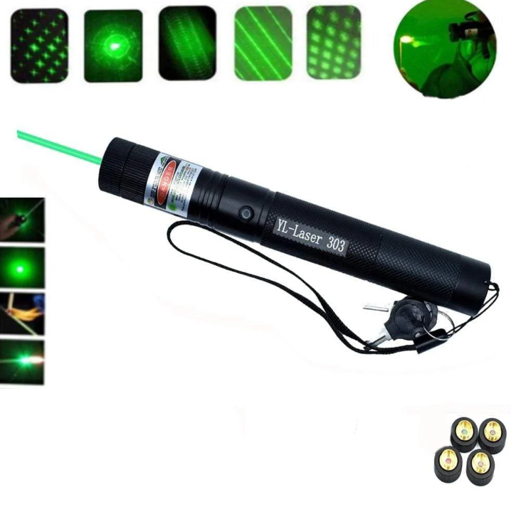 "High-intensity portable laser pointer with bright green beam, ideal for presentations and outdoor use. Compact and durable."