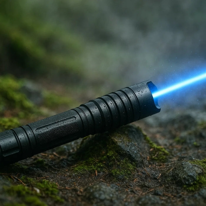 High-intensity waterproof laser torch, blue beam, ideal for outdoor, camping, and hiking, front view, light up the night.