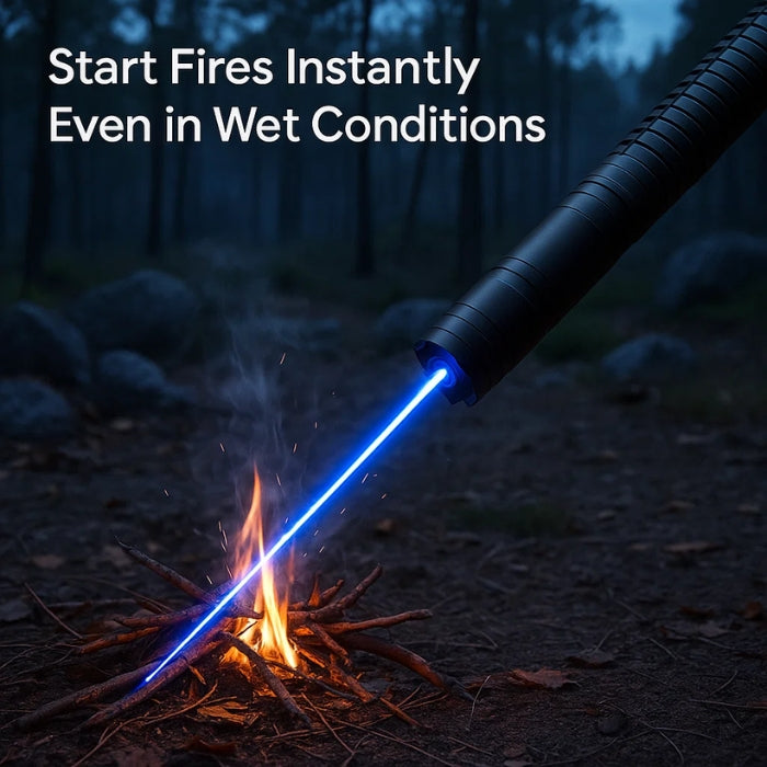 High-intensity waterproof laser torch, blue beam, ideal for outdoor, camping, and hiking, front view, light up the night.