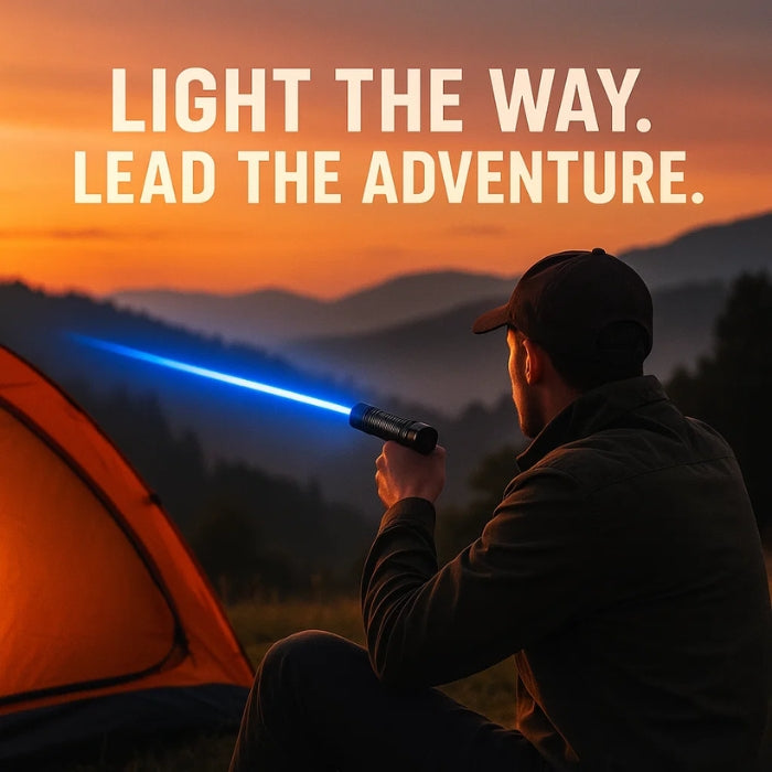 High-intensity waterproof laser torch, blue beam, ideal for outdoor, camping, and hiking, front view, light up the night.