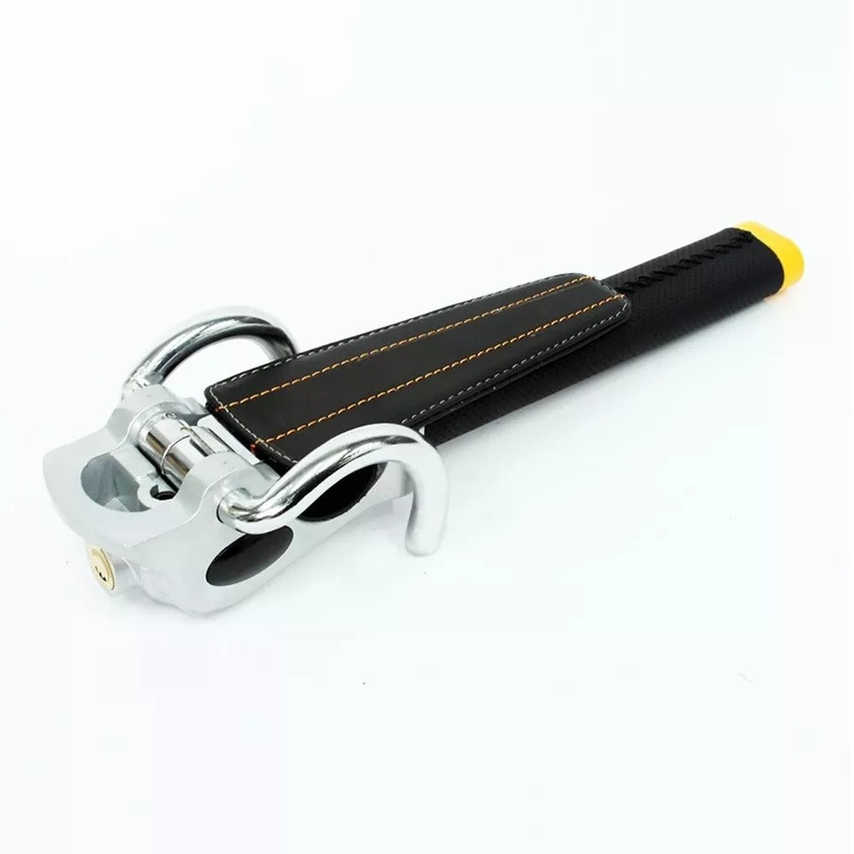 "High-visibility silver-black steering wheel lock with universal fit, durable steel-aluminum build, protects from theft."