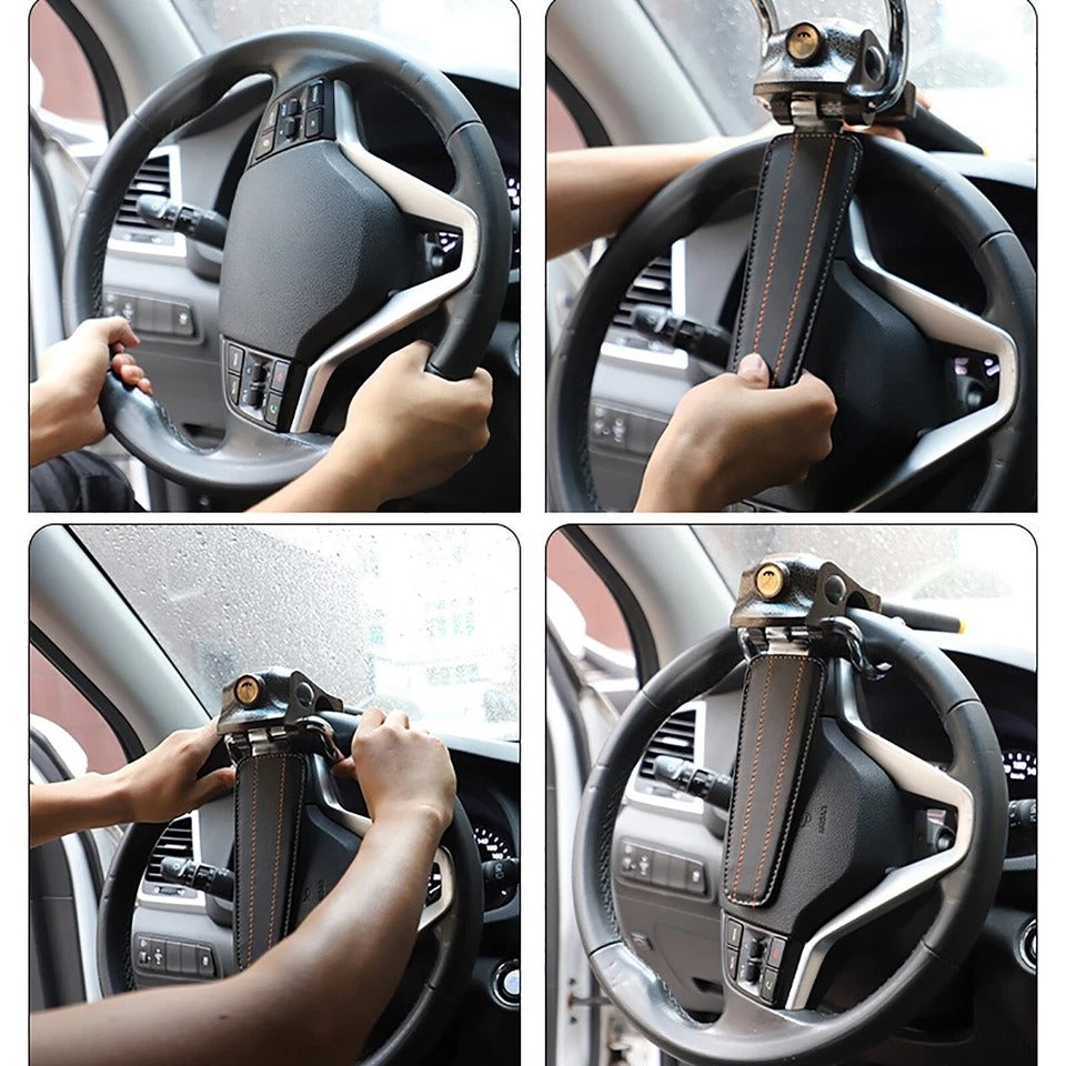 "High-visibility silver-black steering wheel lock with universal fit, durable steel-aluminum build, protects from theft."