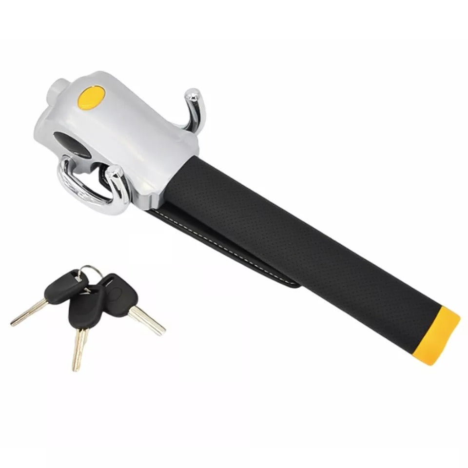 "High-visibility silver-black steering wheel lock with universal fit, durable steel-aluminum build, protects from theft."