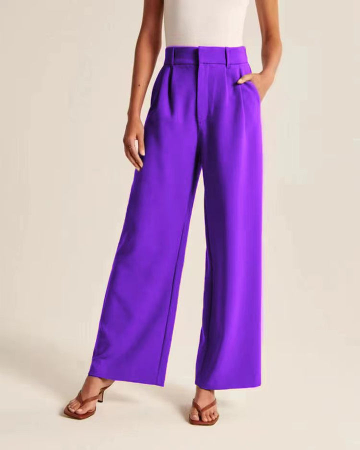 High waist, wide-leg women's trousers, tailored fit, full length, soft fabric, elegant drape, professional and casual wear.