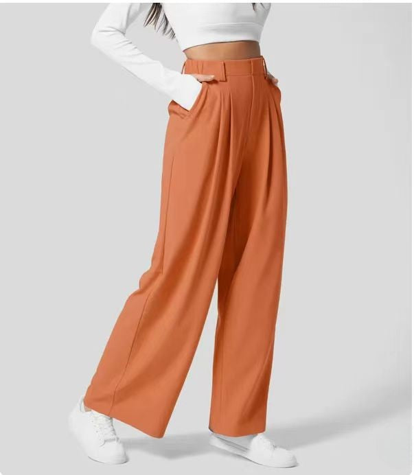 High waist, wide-leg women's trousers, tailored fit, full length, soft fabric, elegant drape, professional and casual wear.