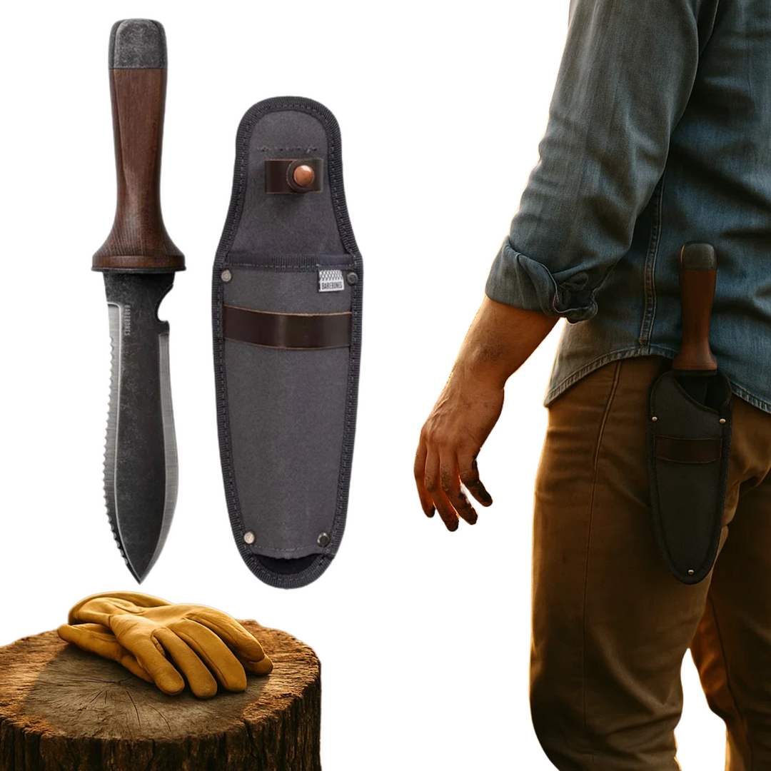 "Hori Hori garden knife with walnut handle and rust-resistant steel blade, perfect for outdoor tasks like digging and cutting