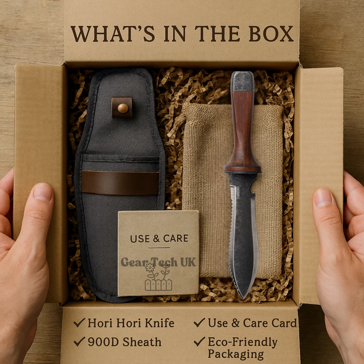 "Hori Hori garden knife with walnut handle and rust-resistant steel blade, perfect for outdoor tasks like digging and cutting