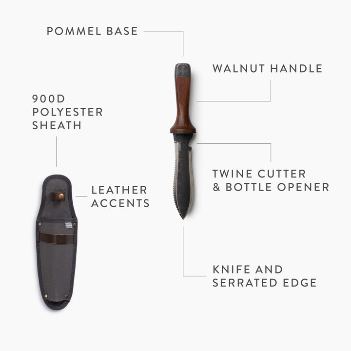"Hori Hori garden knife with walnut handle and rust-resistant steel blade, perfect for outdoor tasks like digging and cutting