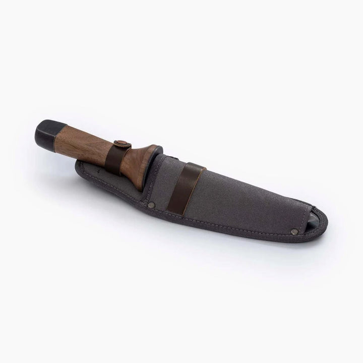 "Hori Hori garden knife with walnut handle and rust-resistant steel blade, perfect for outdoor tasks like digging and cutting