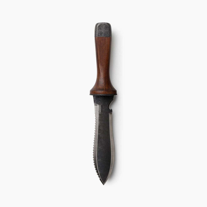 "Hori Hori garden knife with walnut handle and rust-resistant steel blade, perfect for outdoor tasks like digging and cutting