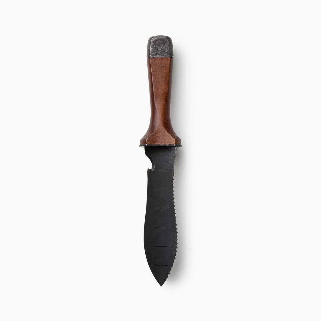 "Hori Hori garden knife with walnut handle and rust-resistant steel blade, perfect for outdoor tasks like digging and cutting