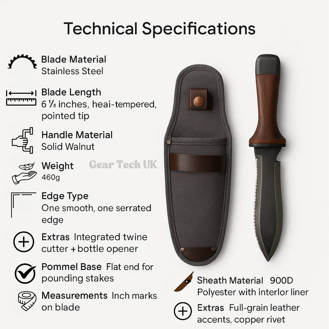 "Hori Hori garden knife with walnut handle and rust-resistant steel blade, perfect for outdoor tasks like digging and cutting