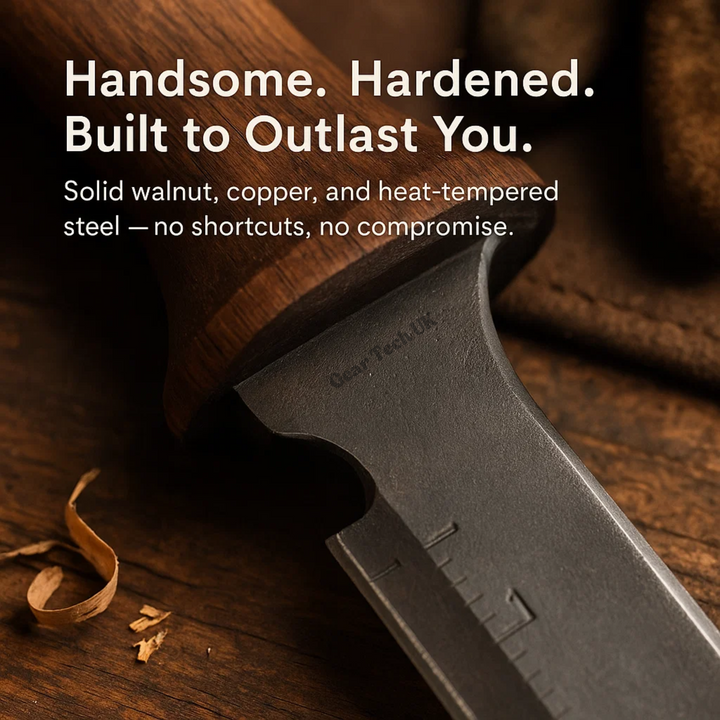 "Hori Hori garden knife with walnut handle and rust-resistant steel blade, perfect for outdoor tasks like digging and cutting