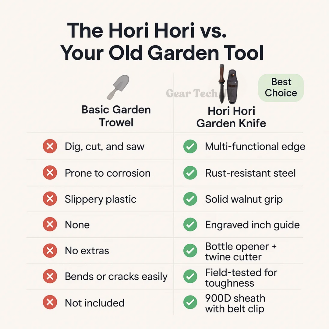 "Hori Hori garden knife with walnut handle and rust-resistant steel blade, perfect for outdoor tasks like digging and cutting