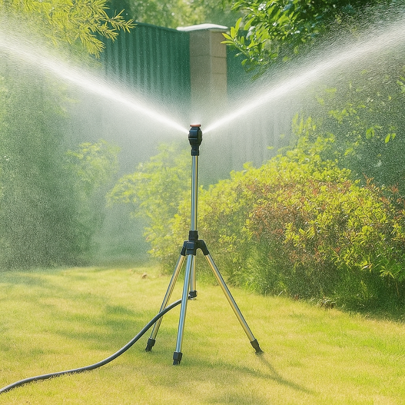"HydroSpin 360° Adjustable Garden Sprinkler with height-adjustable tripod, stainless steel, offering full lawn coverage."