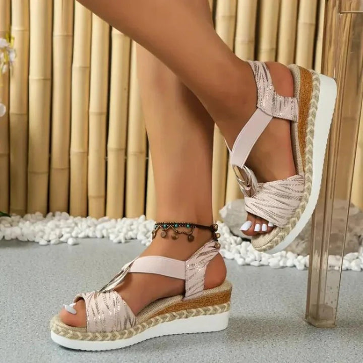 Women's Chic Wedge Sandals with Decorative Ring & Adjustable Strap