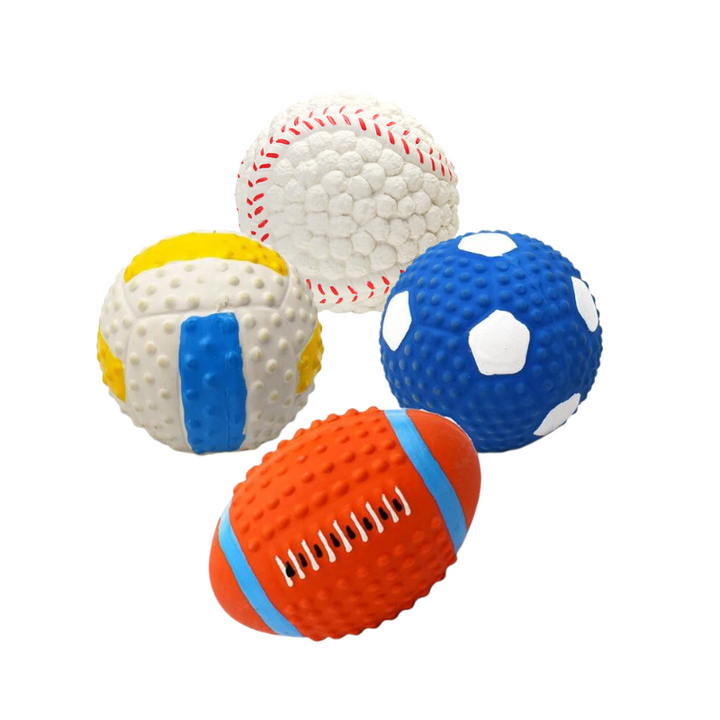 "Indestructible sports-themed chewballs for dogs in football, volleyball, rugby, and baseball designs - 4 pack set."