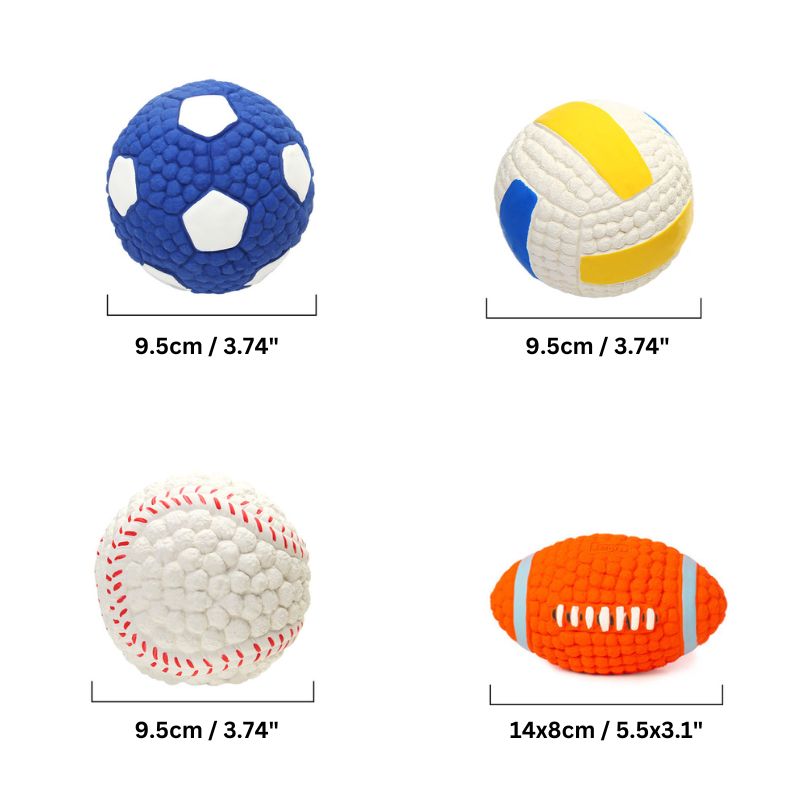 "Indestructible sports-themed chewballs for dogs in football, volleyball, rugby, and baseball designs - 4 pack set."