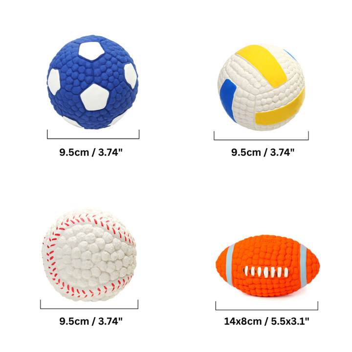 "Indestructible sports-themed chewballs for dogs in football, volleyball, rugby, and baseball designs - 4 pack set."