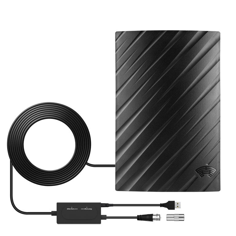 "Indoor 4K HDTV antenna, sleek black design, up to 600 miles range, with coaxial cable, fits modern living spaces."