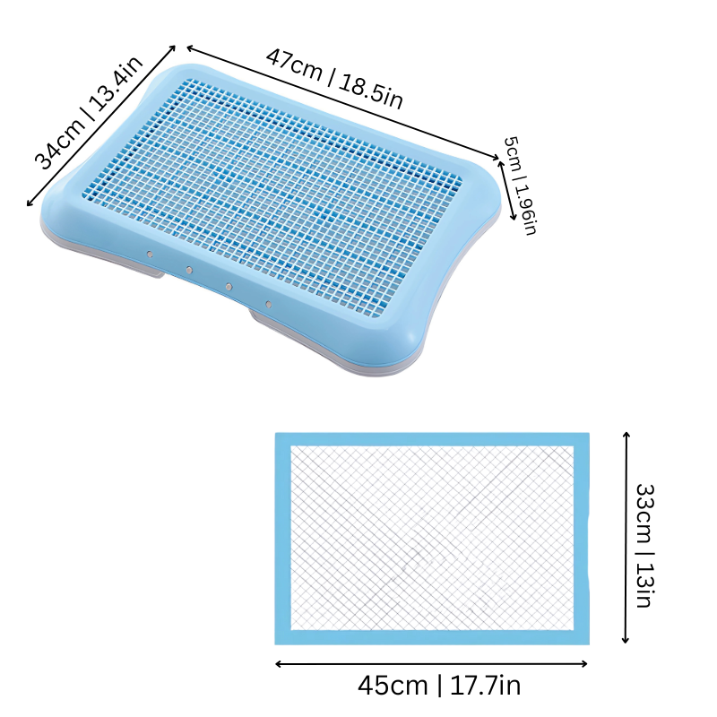"Indoor dog toilet with easy clean grid, blue color, for pet hygiene, suitable for puppies and senior dogs, mess-free design.