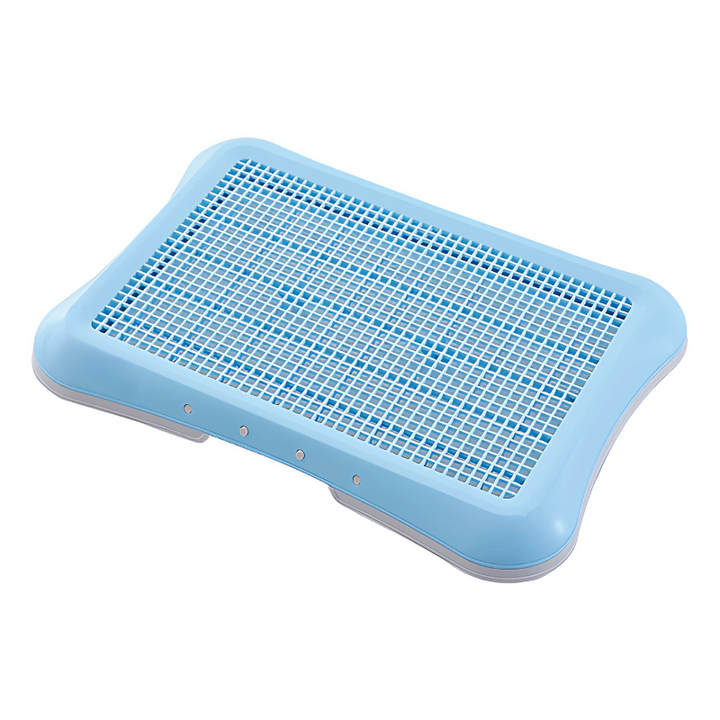 "Indoor dog toilet with easy clean grid, blue color, for pet hygiene, suitable for puppies and senior dogs, mess-free design.