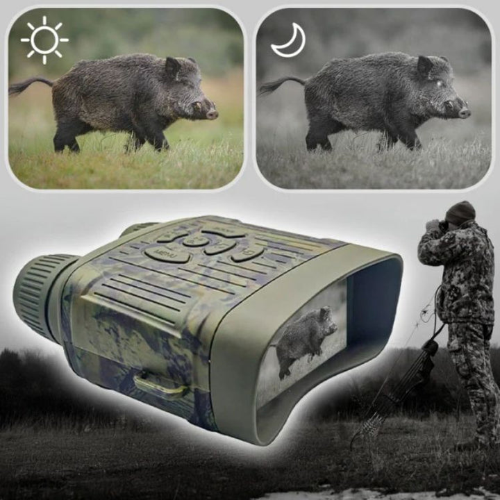 Infrared night vision binoculars with HD display, 305m range, rugged and compact design, for wildlife and night patrol use.