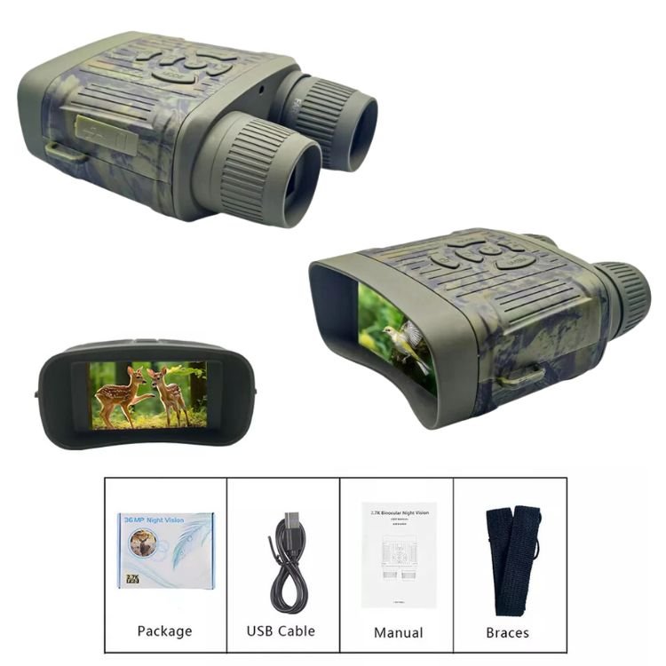 Infrared night vision binoculars with HD display, 305m range, rugged and compact design, for wildlife and night patrol use.