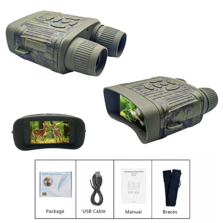 Infrared night vision binoculars with HD display, 305m range, rugged and compact design, for wildlife and night patrol use.