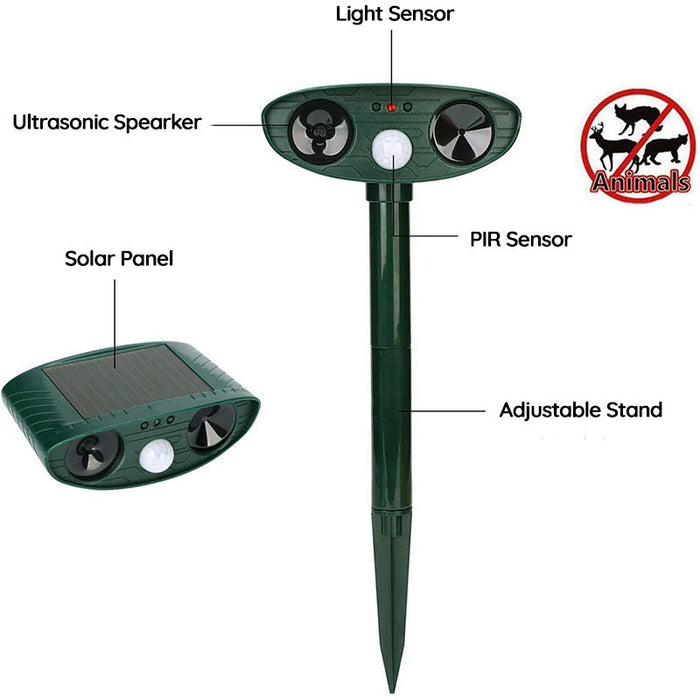 Infrared solar animal repeller with ultrasonic sensor, green device for outdoor garden protection, weatherproof design.