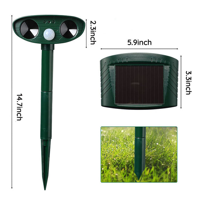 Infrared solar animal repeller with ultrasonic sensor, green device for outdoor garden protection, weatherproof design.