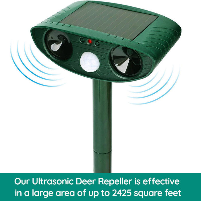 Infrared solar animal repeller with ultrasonic sensor, green device for outdoor garden protection, weatherproof design.