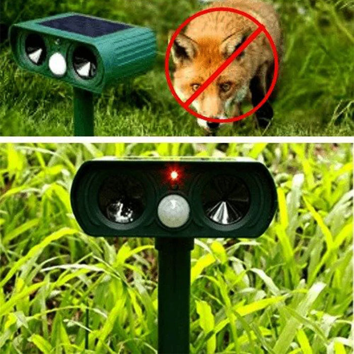 Infrared solar animal repeller with ultrasonic sensor, green device for outdoor garden protection, weatherproof design.
