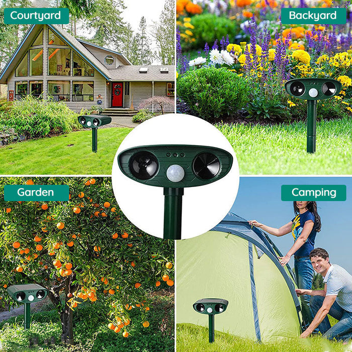 Infrared solar animal repeller with ultrasonic sensor, green device for outdoor garden protection, weatherproof design.