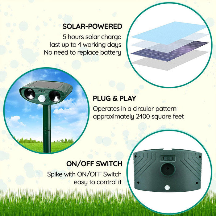 Infrared solar animal repeller with ultrasonic sensor, green device for outdoor garden protection, weatherproof design.