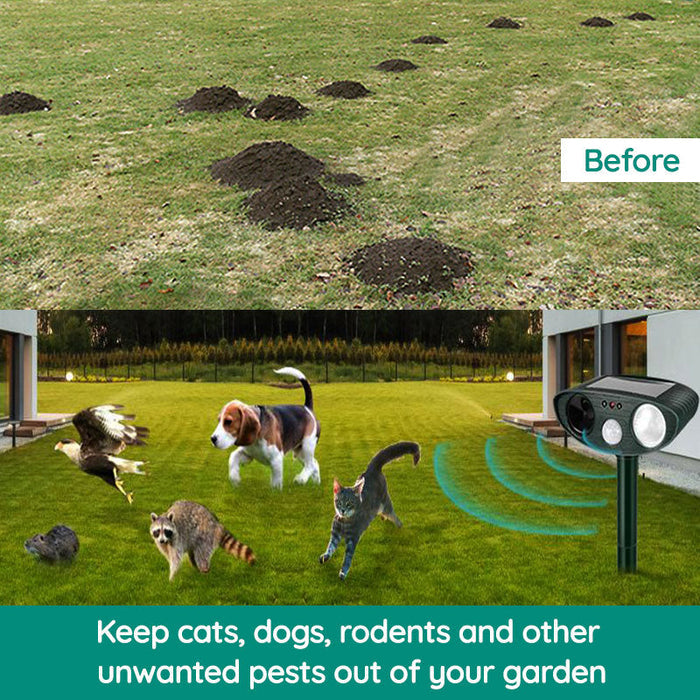 Infrared solar animal repeller with ultrasonic sensor, green device for outdoor garden protection, weatherproof design.