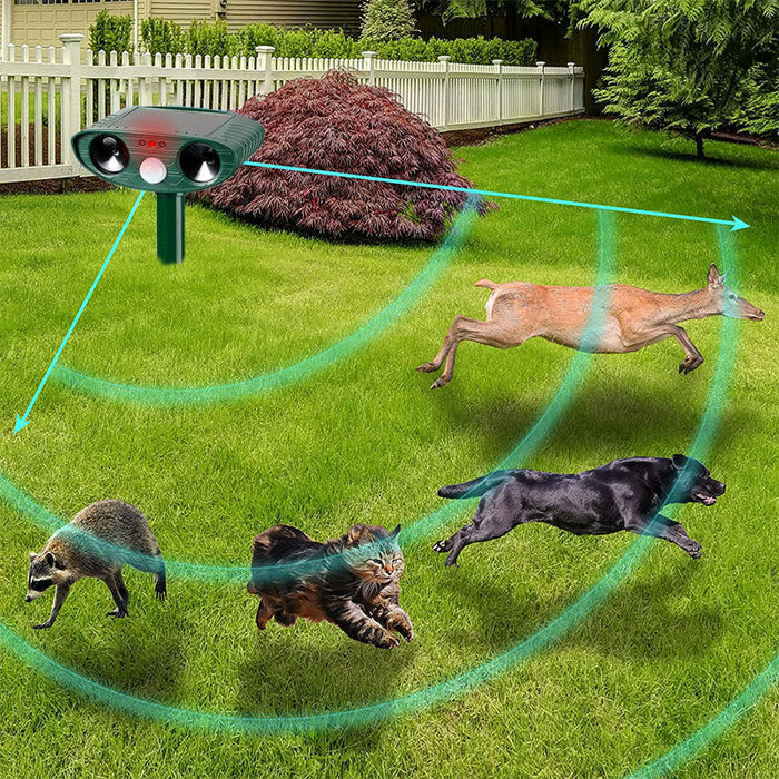 Infrared solar animal repeller with ultrasonic sensor, green device for outdoor garden protection, weatherproof design.