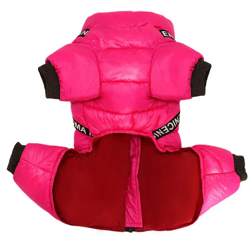 "Insulated waterproof dog winter coat in blue, showcasing cozy design with D-ring for leash, ideal for snowy adventures."