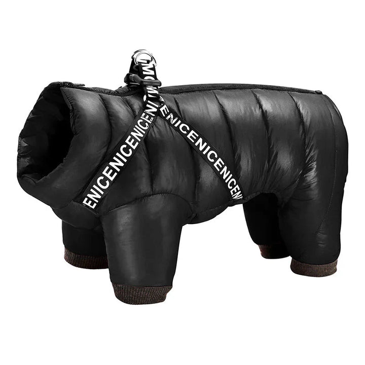 "Insulated waterproof dog winter coat in blue, showcasing cozy design with D-ring for leash, ideal for snowy adventures."